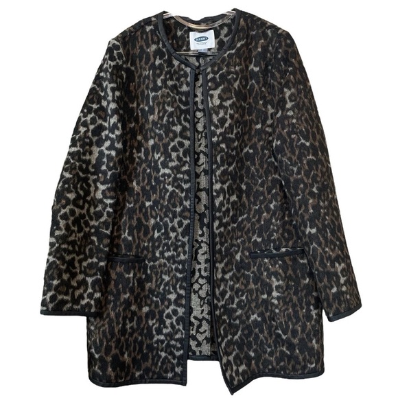 Old Navy Leopard Print Faux Fur Leather Trim Wool Blend Coat Jacket Size Small - Picture 7 of 7